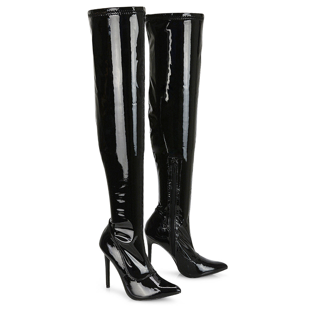 Black Synthetic Leather | XY London | black synthetic leather boots,thigh high boots,ladies boots online,pointed toe boots,stiletto heels