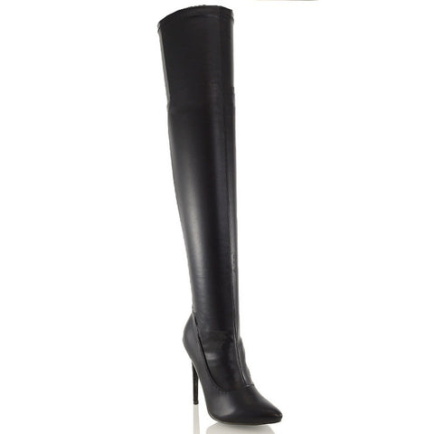Black Synthetic Leather | XY London | black synthetic leather boots,thigh high boots,ladies boots online,pointed toe boots,stiletto heels