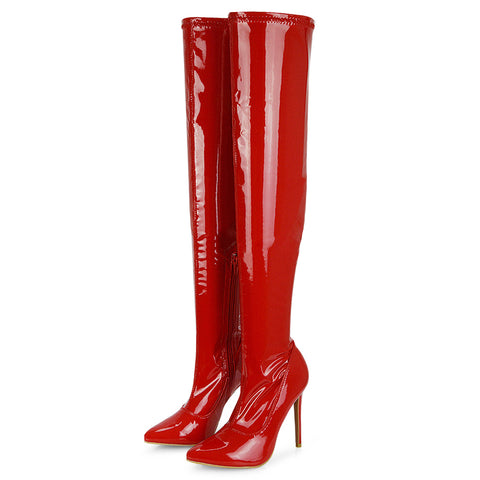 Red Faux Suede | XY London | red faux suede boots,thigh high boots,ladies boots online,pointed toe boots,stiletto heels