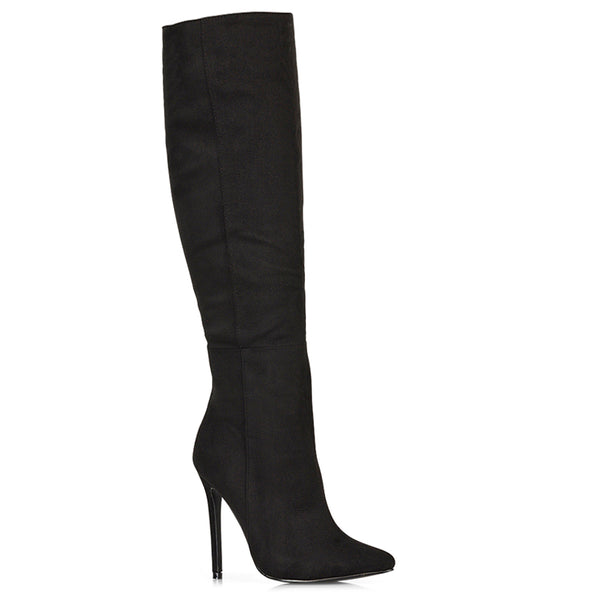Nora Pointed Toe Zip Fastening Knee High Stiletto Heel Long Boots Faux Suede