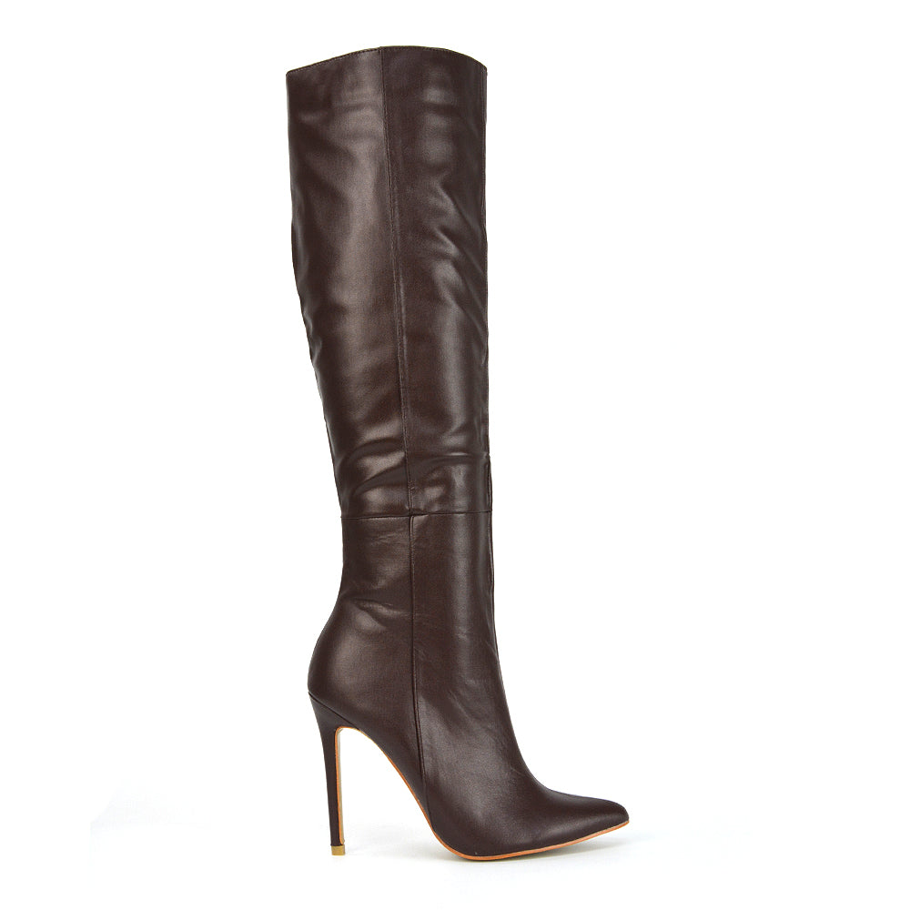 Brown Synthetic Leather | XY London | brown Boots,brown Long Boots,brown Knee High Boots,brown Heeled Boots,brown High Heel Boots