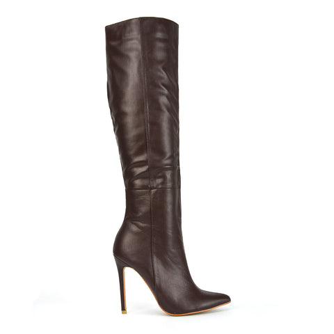 Brown Synthetic Leather | XY London | brown Boots,brown Long Boots,brown Knee High Boots,brown Heeled Boots,brown High Heel Boots