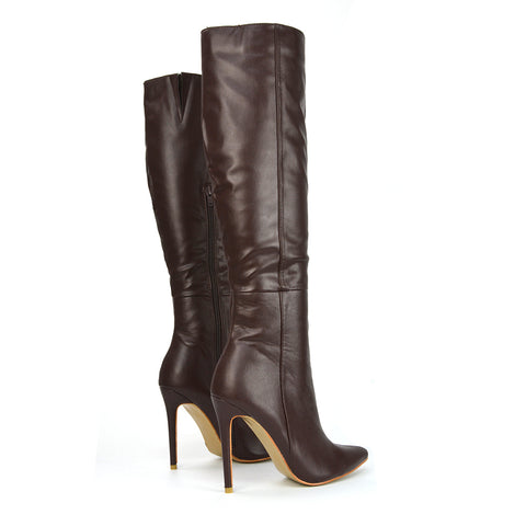 Brown Synthetic Leather | XY London | brown Boots,brown Long Boots,brown Knee High Boots,brown Heeled Boots,brown High Heel Boots