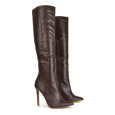 Brown Synthetic Leather | XY London | brown Boots,brown Long Boots,brown Knee High Boots,brown Heeled Boots,brown High Heel Boots