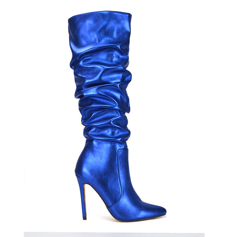 White Synthetic Leather | XY London | White Boots,White Ruched Boots,White High Heel Boots