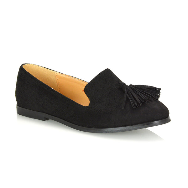 Betsy Slip on Pointed Toe Flat Tassel Detail Loafer Smart Shoes Faux Suede