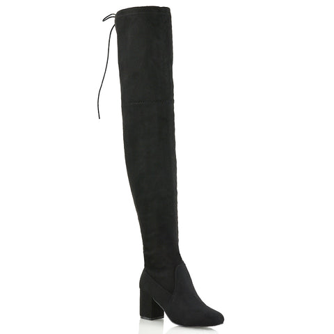 black faux suede boots, black over the knee high heel boots