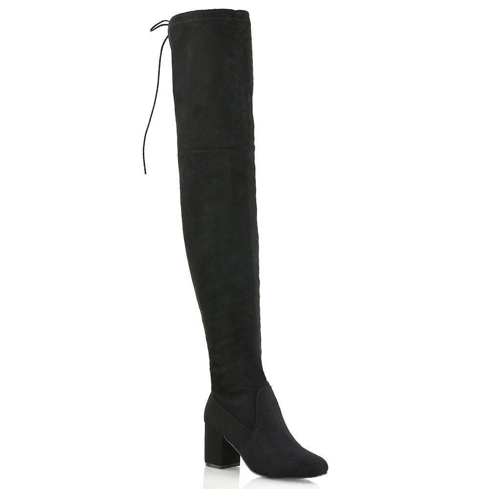 black block heeled boots, black high heel knee high boots, block heeled boots, high heel knee boots