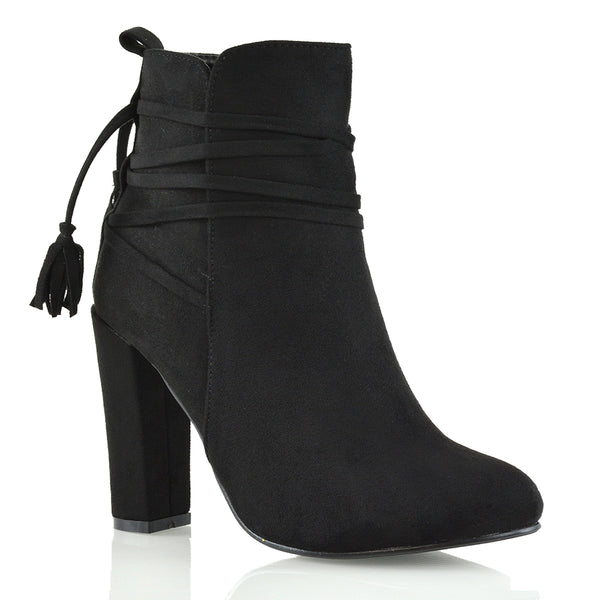Jamie Tie up Tassel Detail Block High Heel Boots Faux Suede