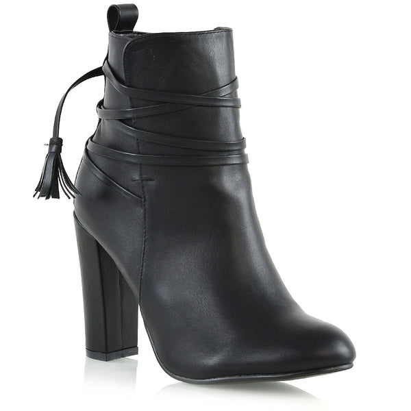 Jamie Tie up Tassel Detail Block High Heel Boots Synthetic Leather