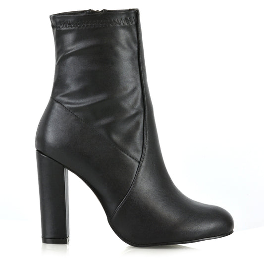 Black Synthetic Leather | XY London | black boots, black heeled boots, black sock boots