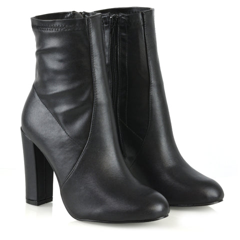 Black Synthetic Leather | XY London | black boots, black heeled boots, black sock boots