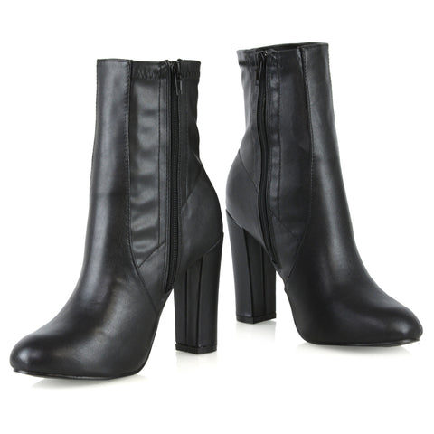 Black Synthetic Leather | XY London | black boots, black heeled boots, black sock boots