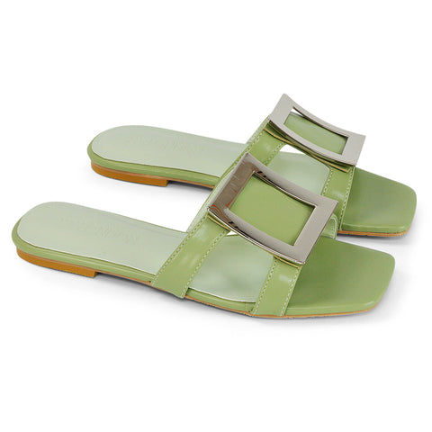 Green | XY London | Green Flat Sandals,Green Sandals,Green Square Toe Shoes,Green Slides