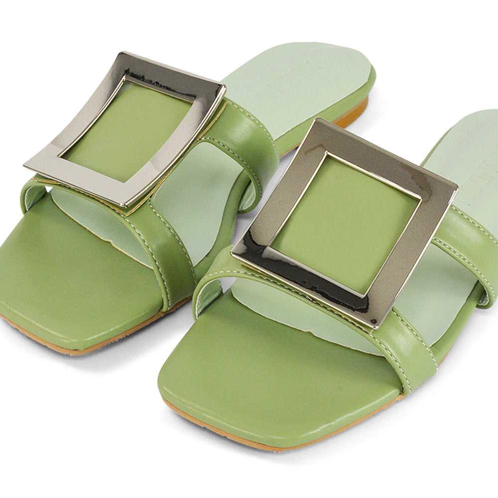 Green | XY London | Green Flat Sandals,Green Sandals,Green Square Toe Shoes,Green Slides