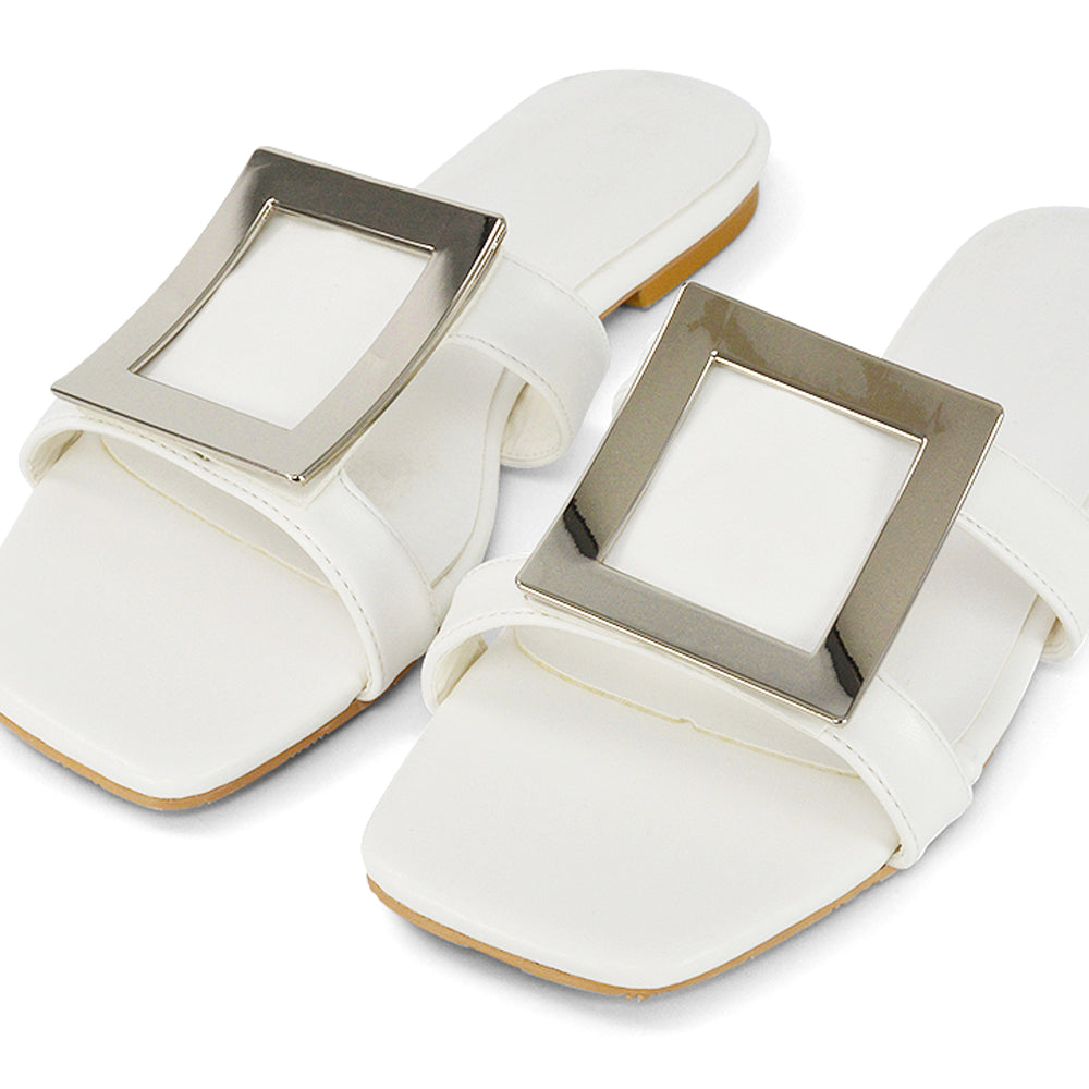 White | XY London | White Sandals,White Flat Sandals,White Square Toe Shoes,White Slides