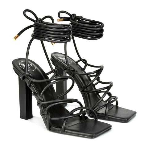 Black Synthetic Leather | XY London | black heels,black high heels,black lace up heels,black strappy heels