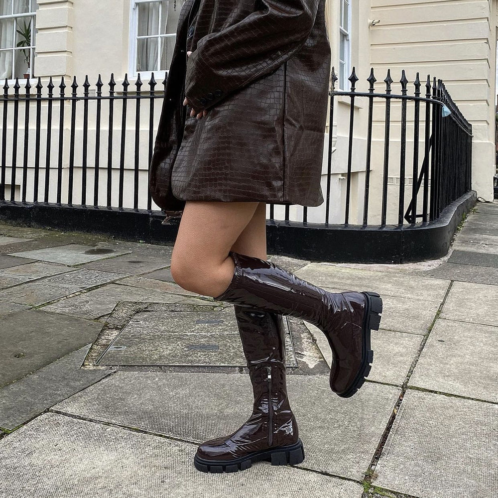 BROWN PATENT | XY London | Brown Boots,Brown Chunky Boots,Brown Biker Boots,